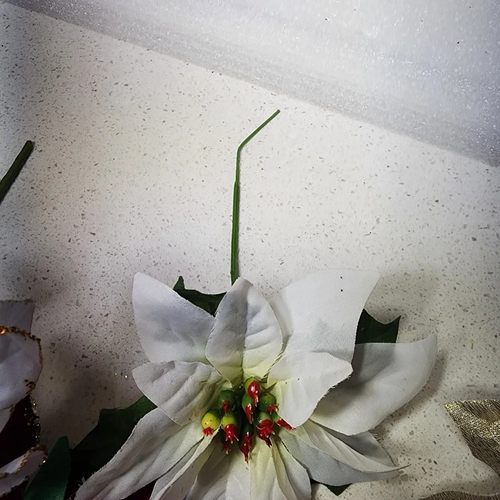 Vintage Lot Of 5 Red, White, and Gold Poinsettia Arrangement With Stems